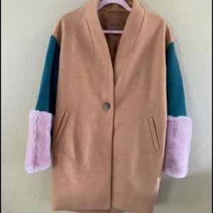 BLANK NYC Faux Fur Dress Coat Tan Pink Teal Small Dressy Winter